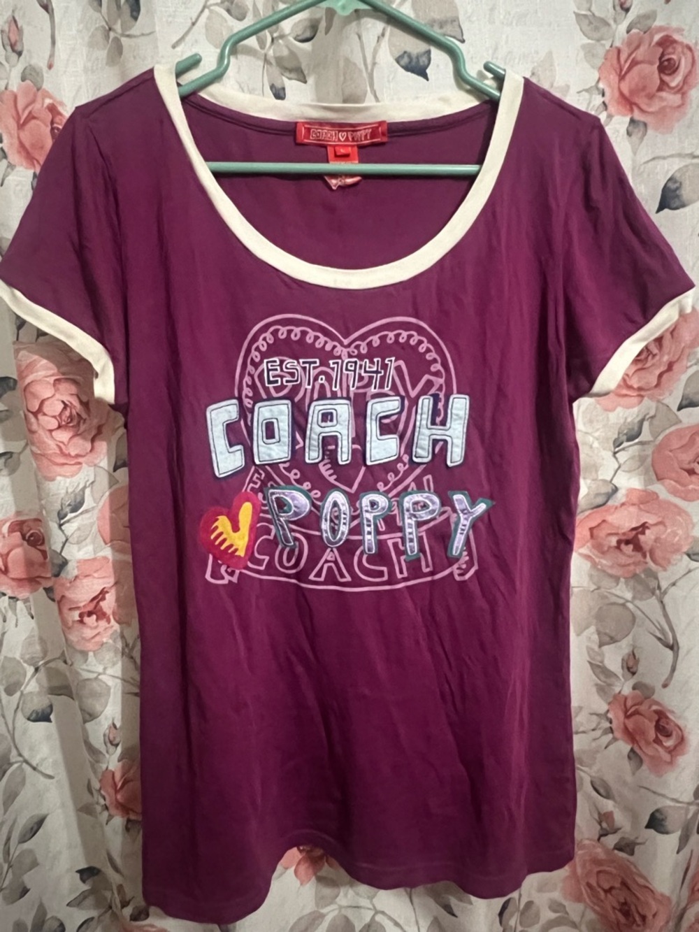 Coach Poppy Purple Graphic Tee with Cream Trim Vintage y2k sz L